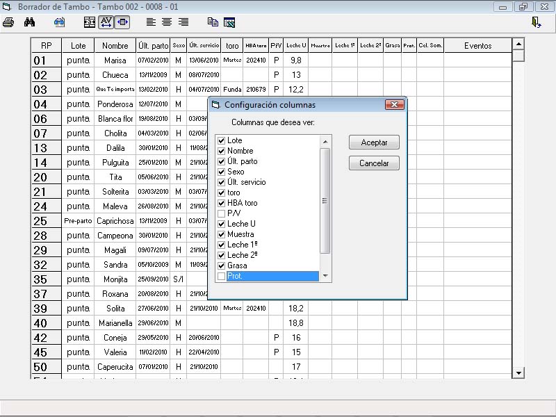 Borrador de tambo - se superpone la ventana de configuración de vista de columnas