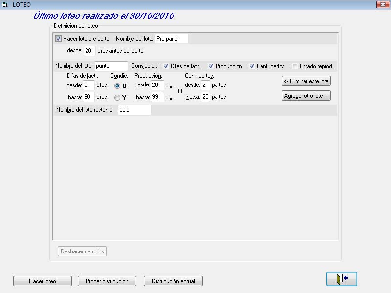 En esta pantalla se define el loteo